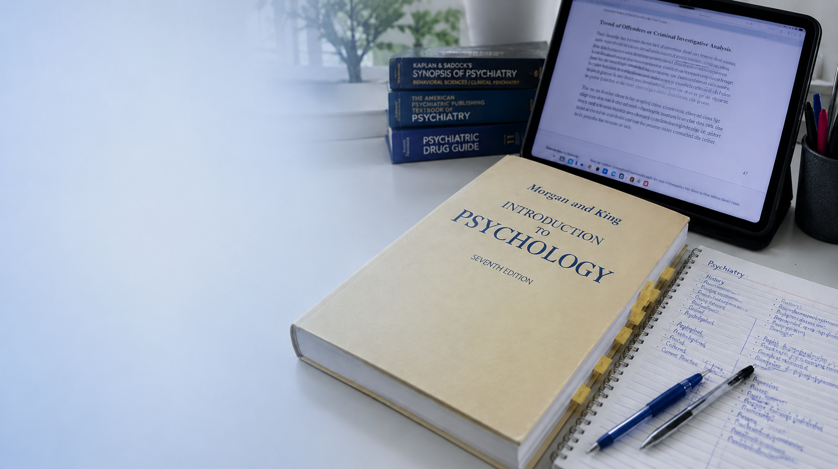Psychiatry study desk with textbooks and notes