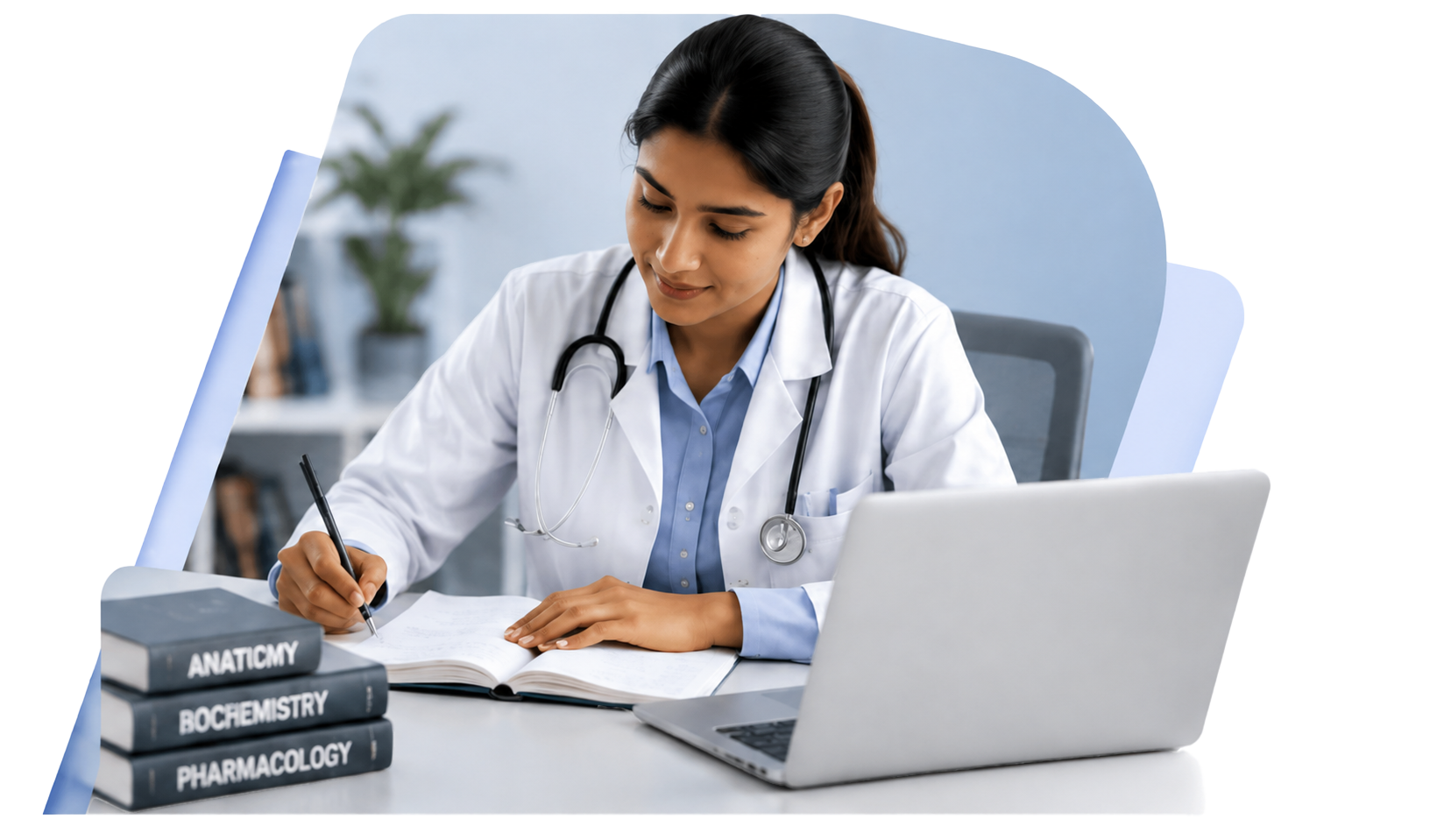 Doctor studying with laptop and medical textbooks